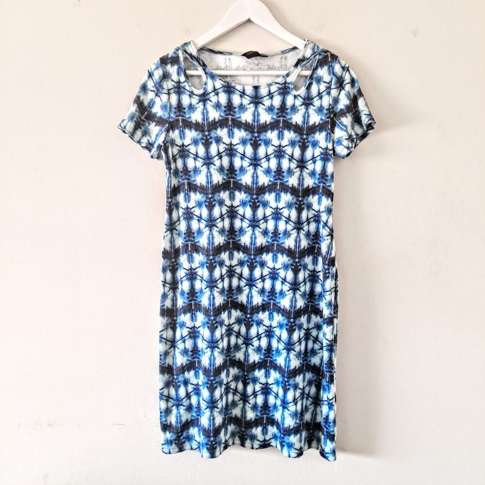 Rafaella Blue, White & Green Tie Dye  Print Cotton Dress Crewneck Women's Size M